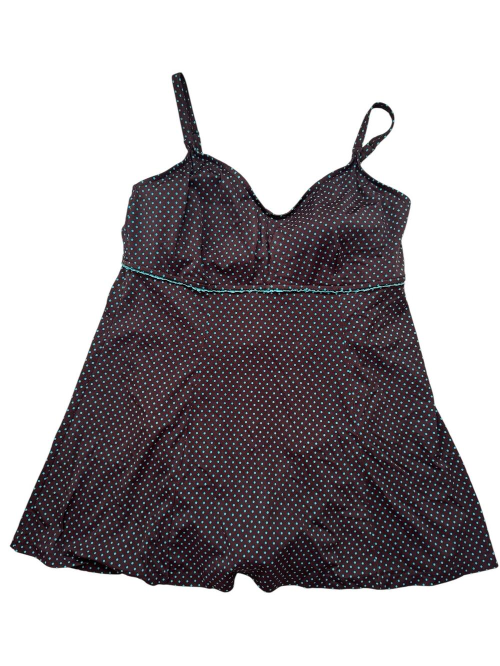 MAXINE OF HOLLYWOOD Faux Tankini One Piece Bathing Suit Brown Blue Dot Size 18W